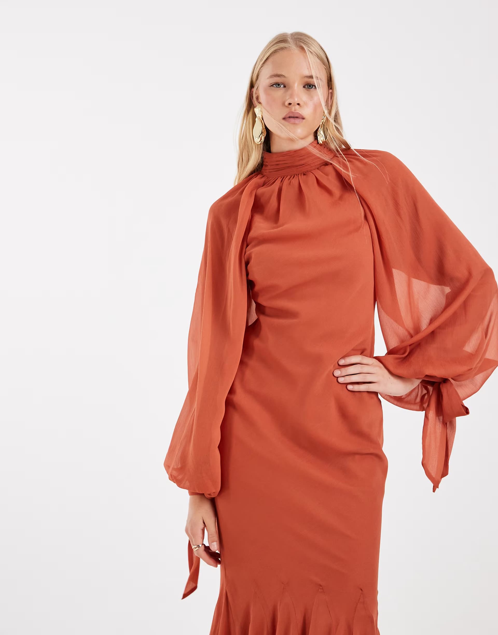 ASOS ASOS DESIGN high neck maxi dress with godet hem in rust