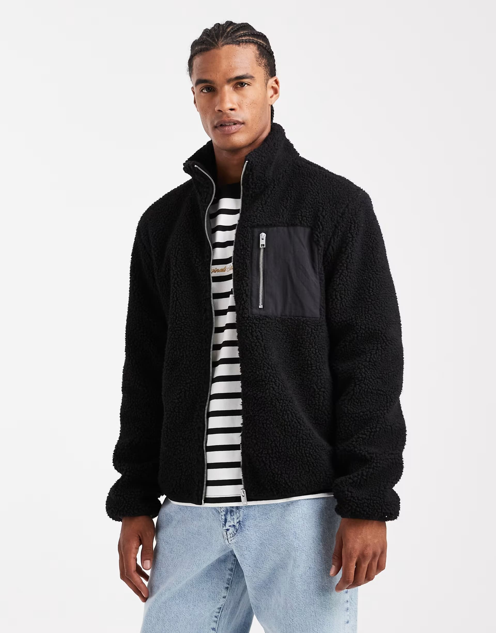 ASOS Jack & Jones fleece jacket with pocket in black