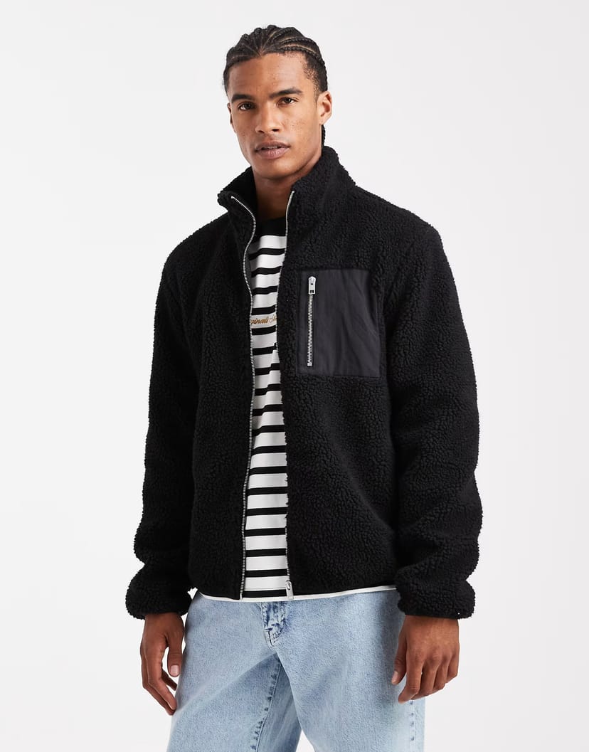 ASOS Jack & Jones fleece jacket with pocket in black - 1