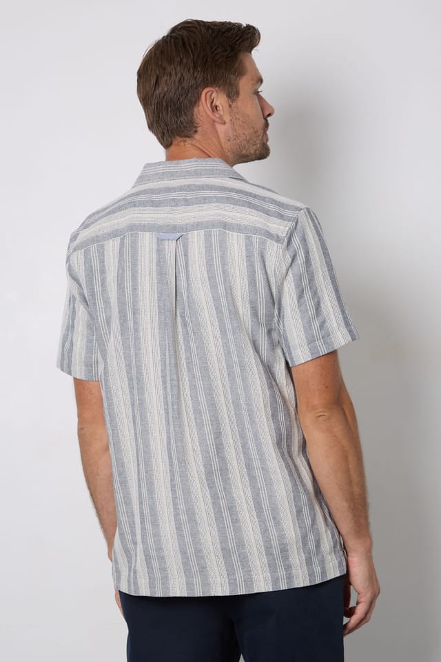 Maine Maine Men's Navy Textured Stripes Revere Short Sleeve Shirt - 3