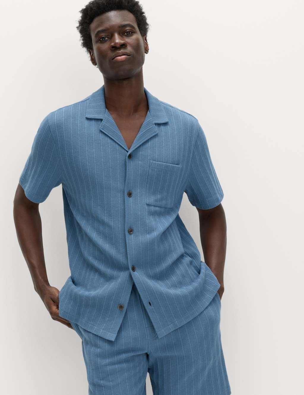 Marks & Spencer M&S Cotton Rich Jersey Textured Loungewear Top Chambray