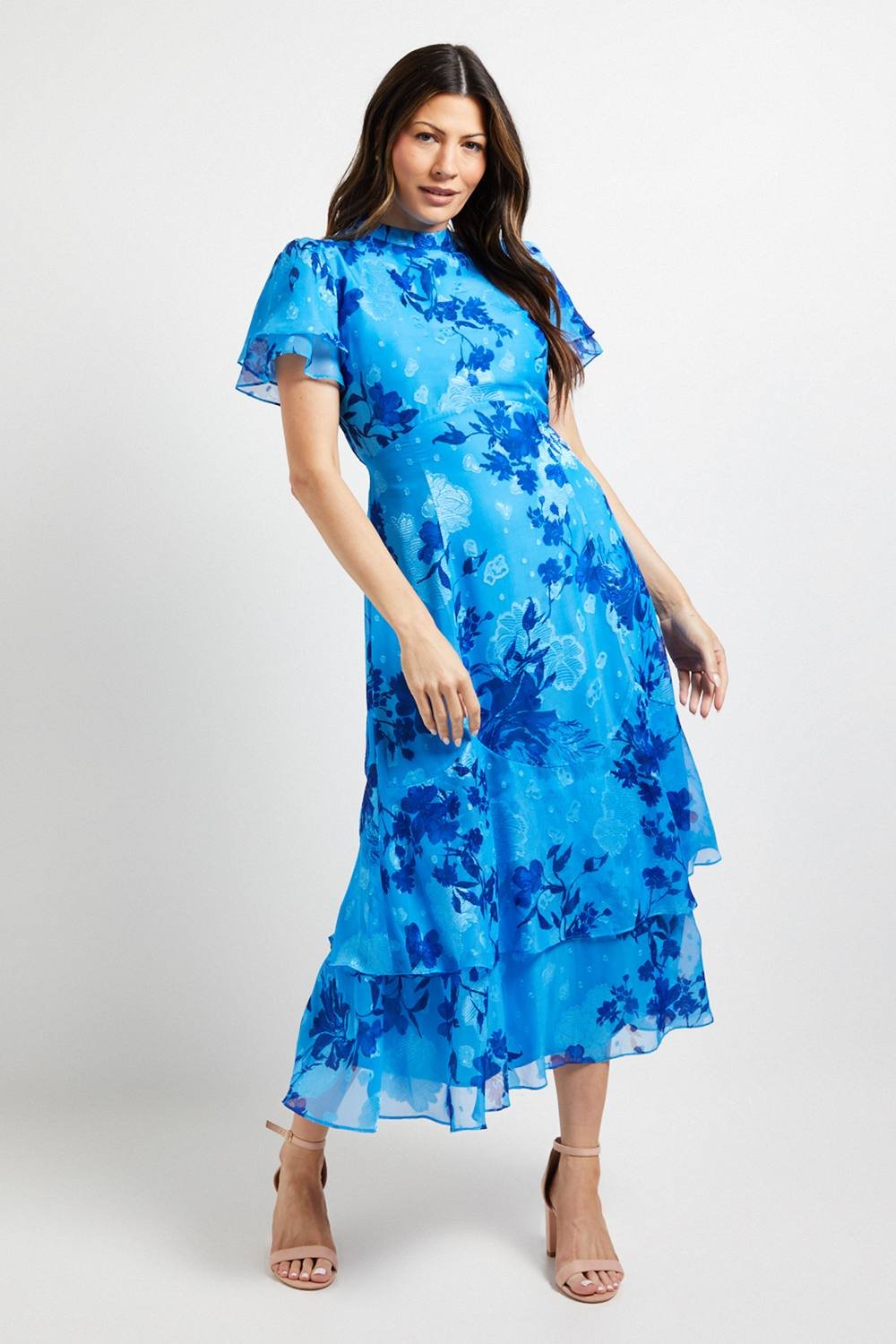 Wallis Wallis Women's Floral Burn Out Ruffle Midi Dress in Blue - 2