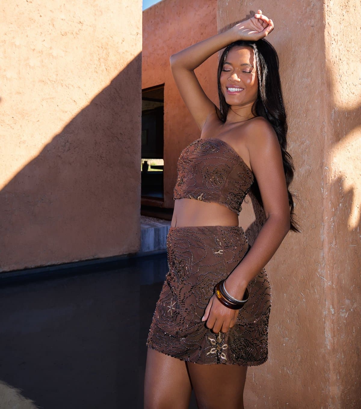 Pink Vanilla Women's Brown Sequinned Bandeau Top Pink Vanilla New Look