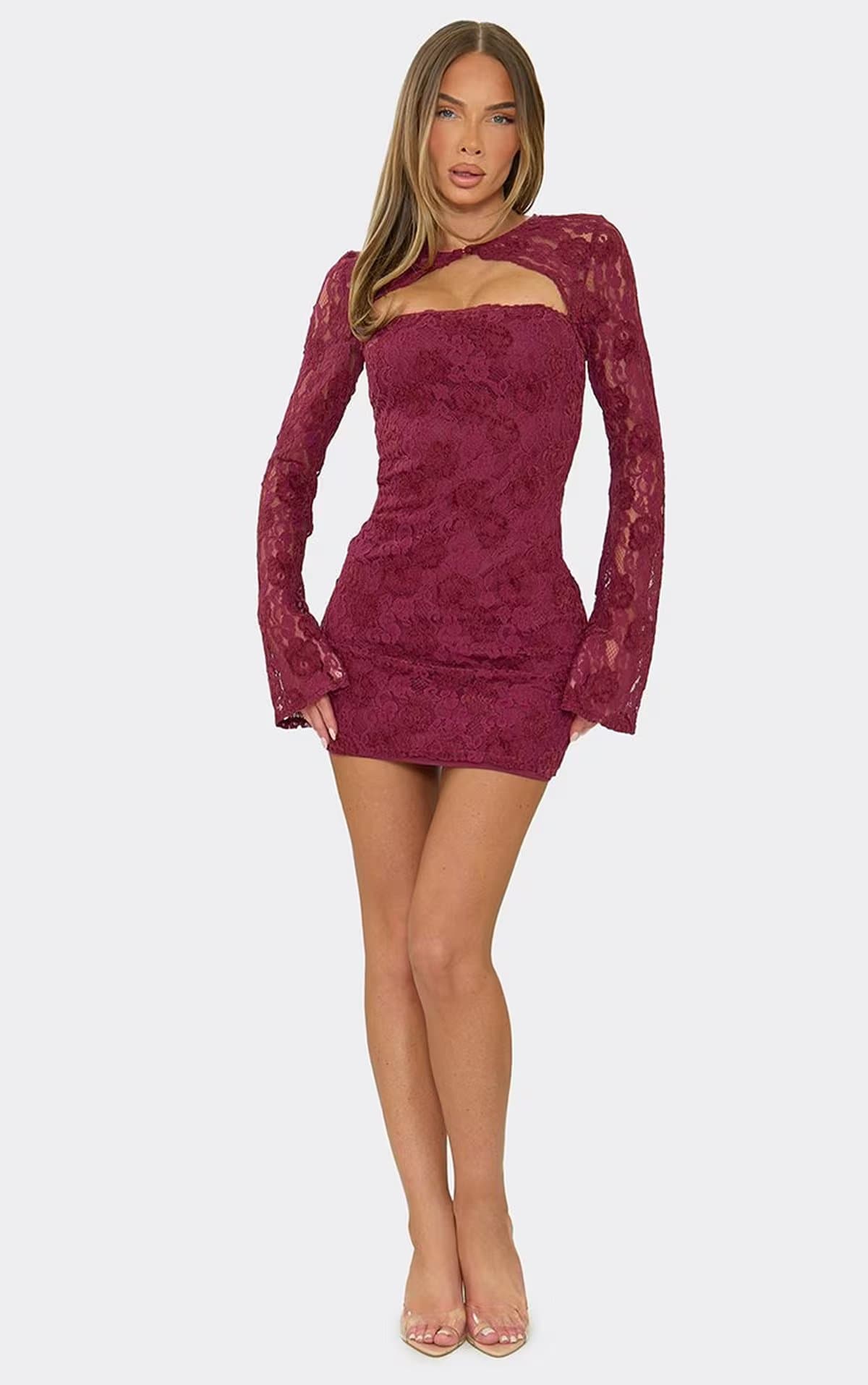 EGO Long Sleeve Button Cut Out Detail Mini Dress In Red Lace, Women's Size UK 6