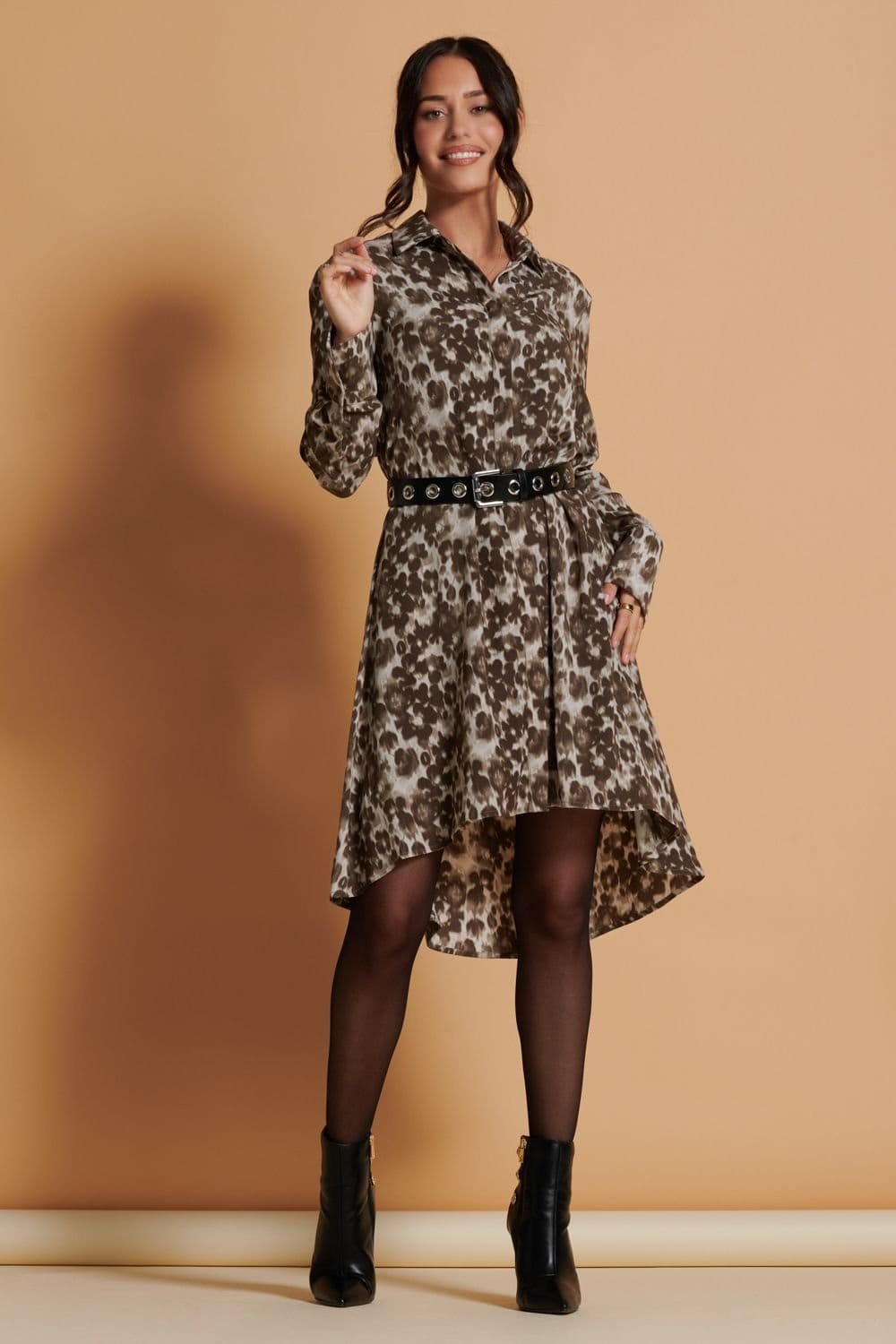 Jolie Moi Jolie Moi Women's Abstract Print Dipped Hem Shirt Dress in Taupe - 4