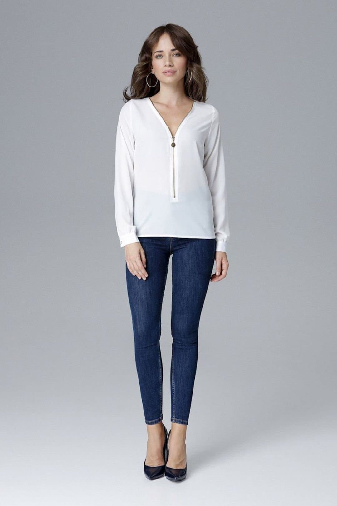 Love Lace Love Lace White Satin Long Sleeve Blouse with Statement Zipper