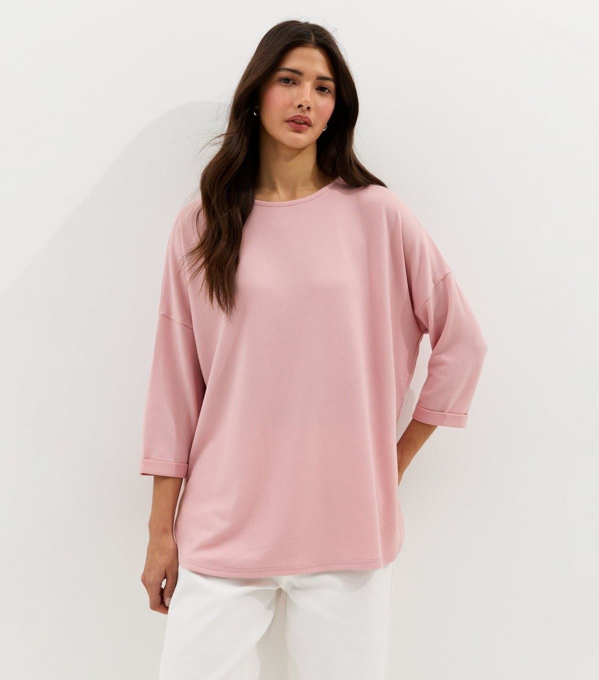 New Look Women's Pink Soft Touch Slouchy Cropped Sleeve T-Shirt New Look