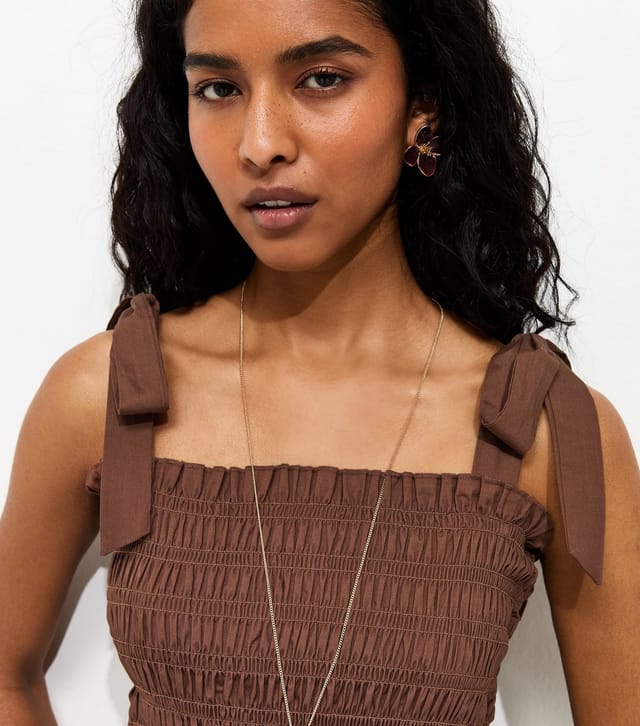 New Look Women's Dark Brown Cotton Shirred Tie Strap Midi Dress New Look - 3