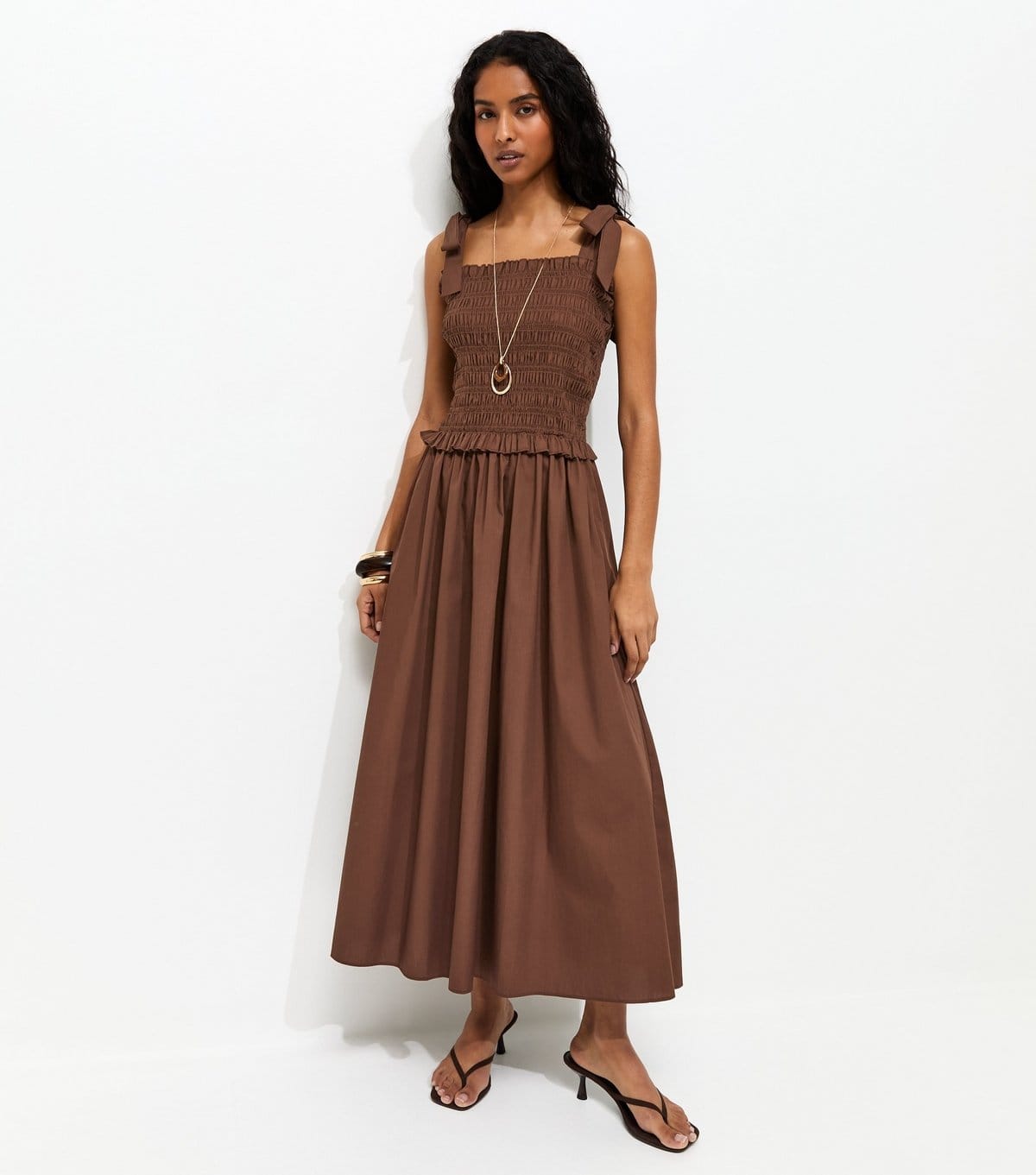 New Look Women's Dark Brown Cotton Shirred Tie Strap Midi Dress New Look - 4