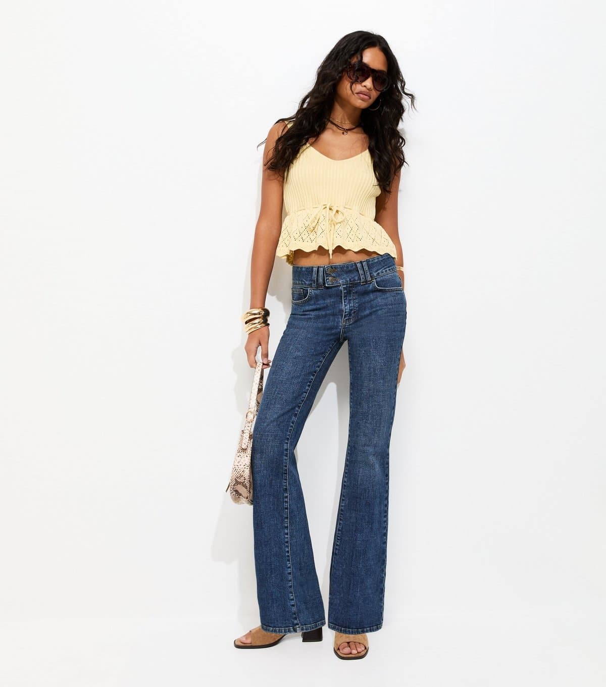 New Look Women's Blue Double Button Low Rise Bootcut Jeans New Look