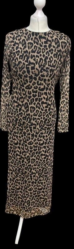 Never Fully Dressed Never Fully Dressed Leopard mesh  Print Ruched Midi Dress | Size UK 10 | RRP £155