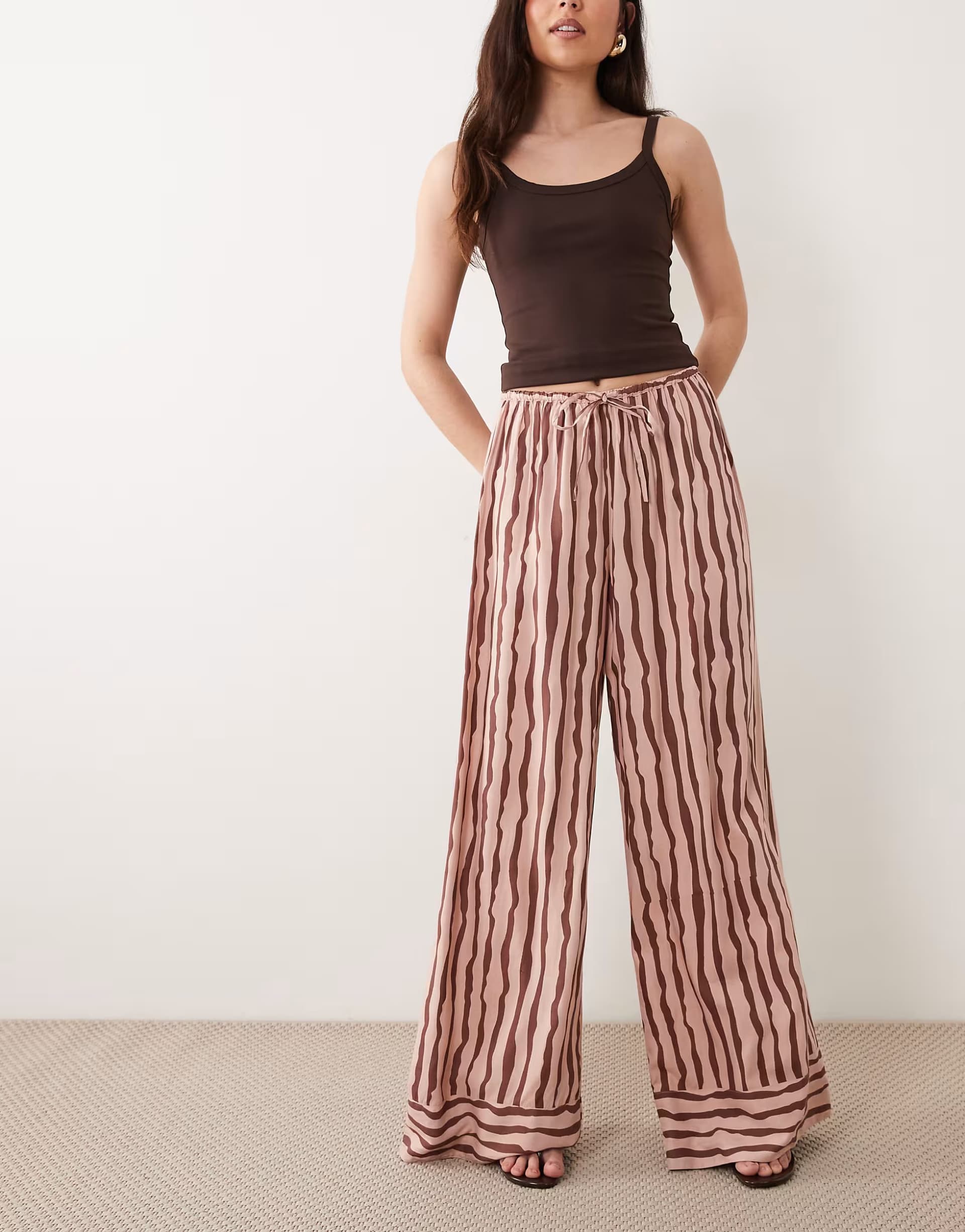 ASOS Wednesdays Girl wide leg multi stripe trousers in pink brown