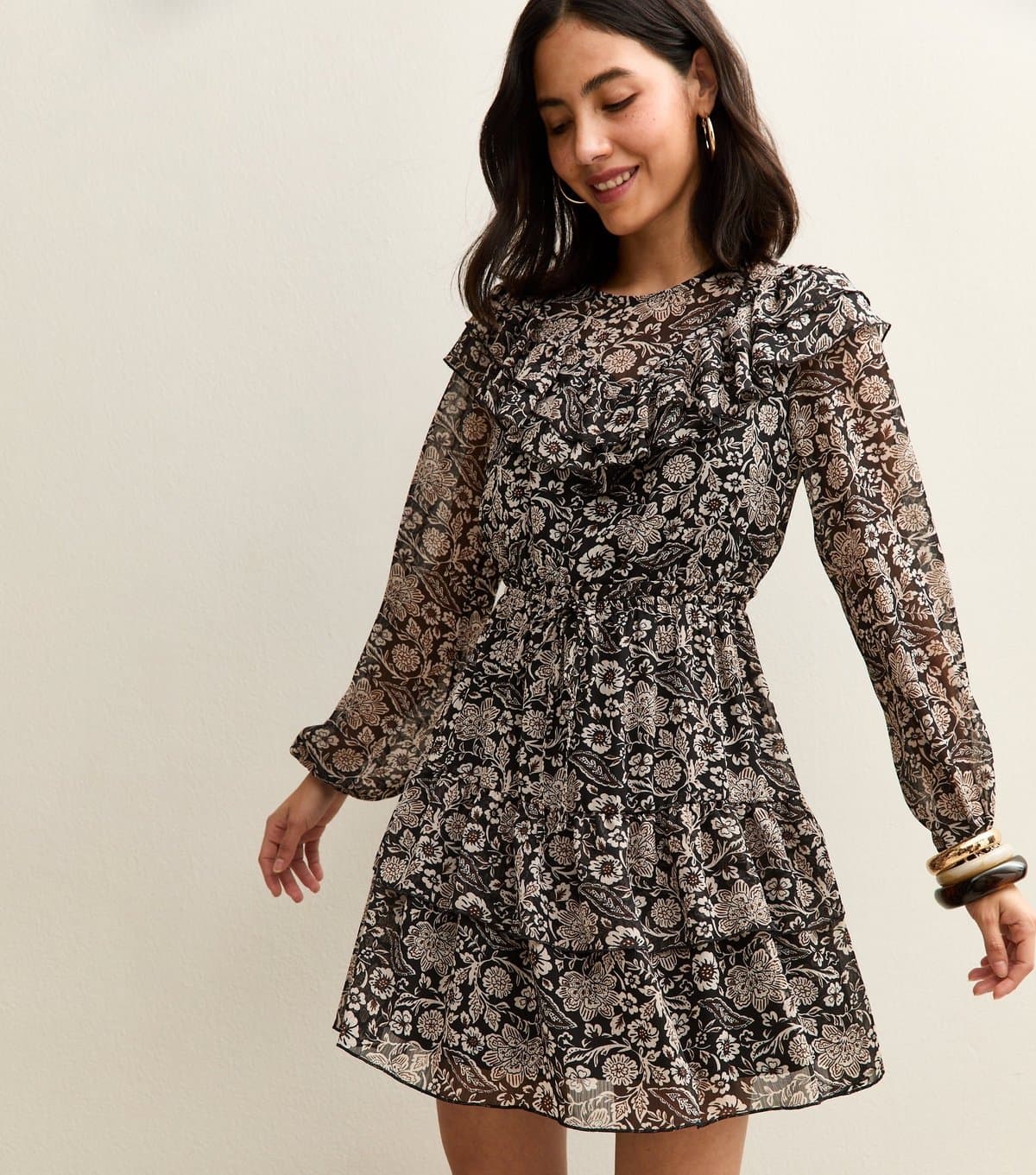 New Look Women's Black Floral Print Ruffled Long Sleeve Mini Dress New Look