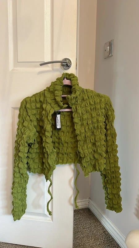 PrettyLittleThing PLT olive bubble textured tie front blouse