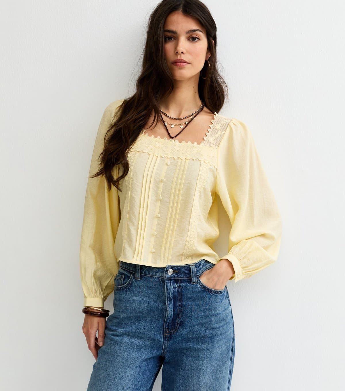 New Look Women's Light Yellow Lace Trim Square Neck Blouse New Look