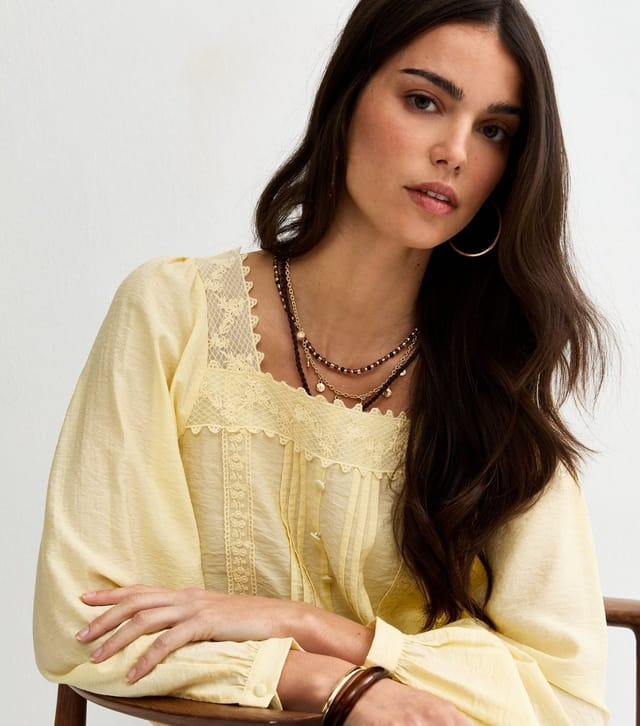 New Look Women's Light Yellow Lace Trim Square Neck Blouse New Look - 2