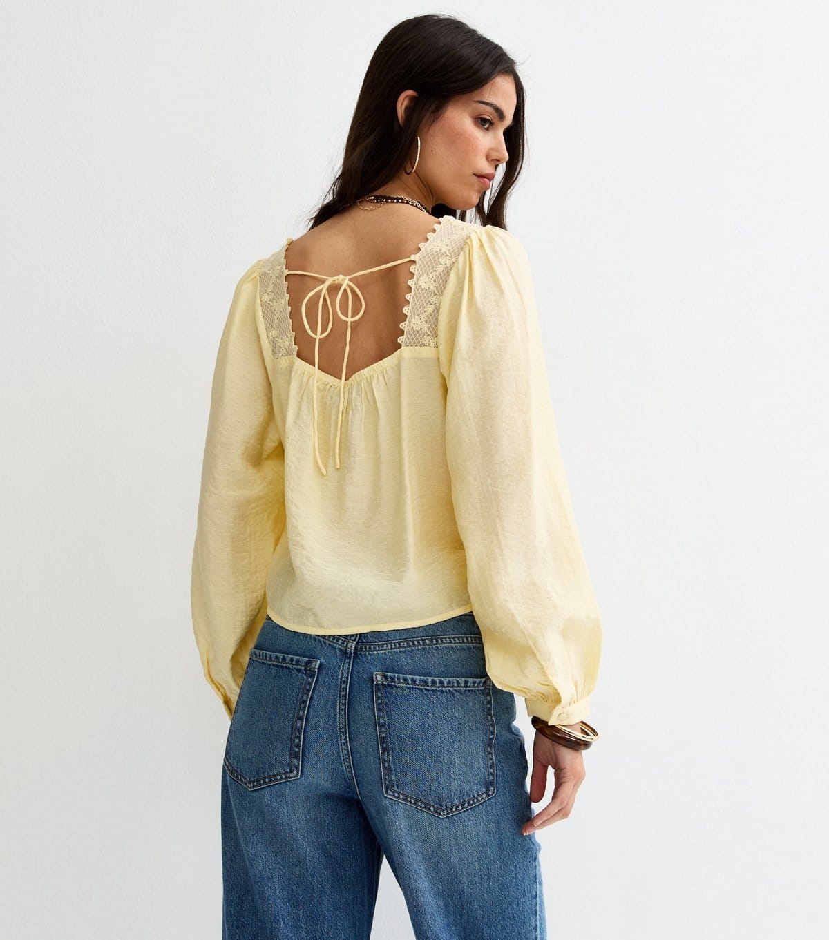 New Look Women's Light Yellow Lace Trim Square Neck Blouse New Look - 4