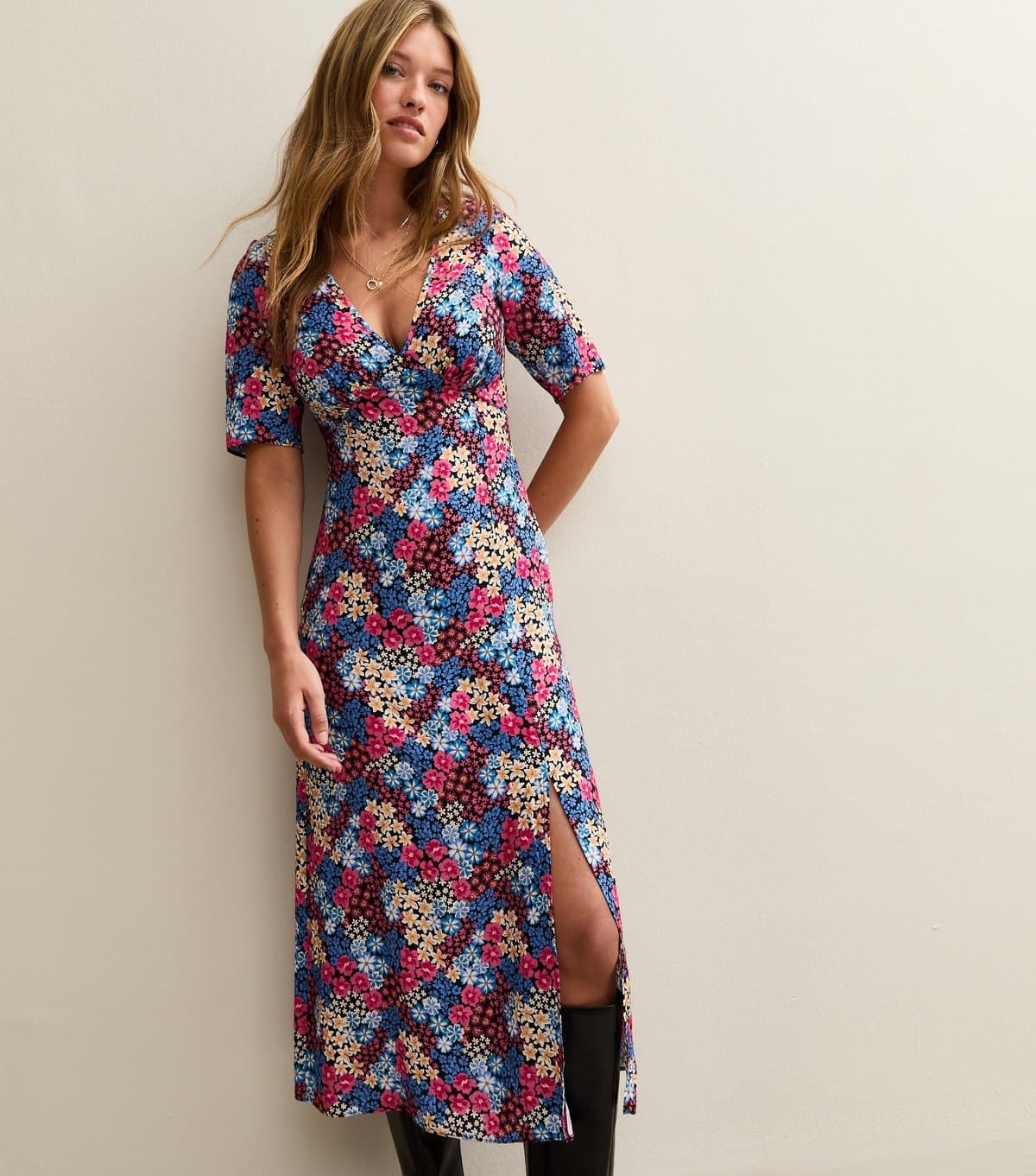 New Look Women's Blue Floral Print Slit Hem Midi Dress New Look