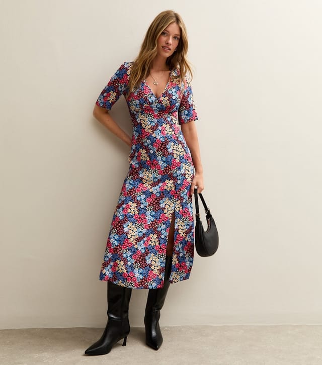 New Look Women's Blue Floral Print Slit Hem Midi Dress New Look - 3