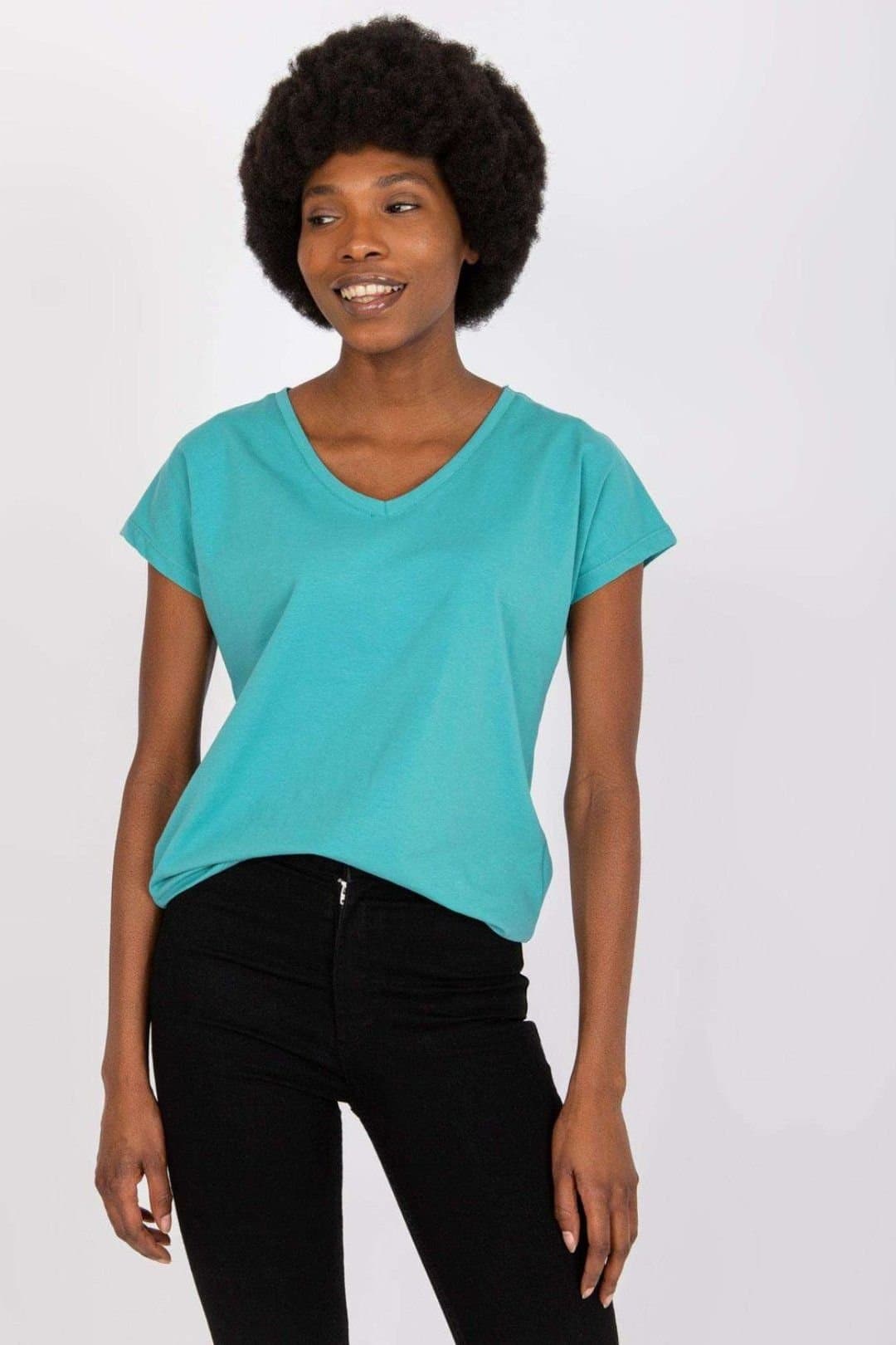 Love Lace Love Lace Women's Straight Cut Short Sleeve Heart Neck T-Shirt in Teal