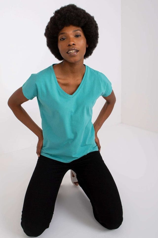 Love Lace Love Lace Women's Straight Cut Short Sleeve Heart Neck T-Shirt in Teal - 2