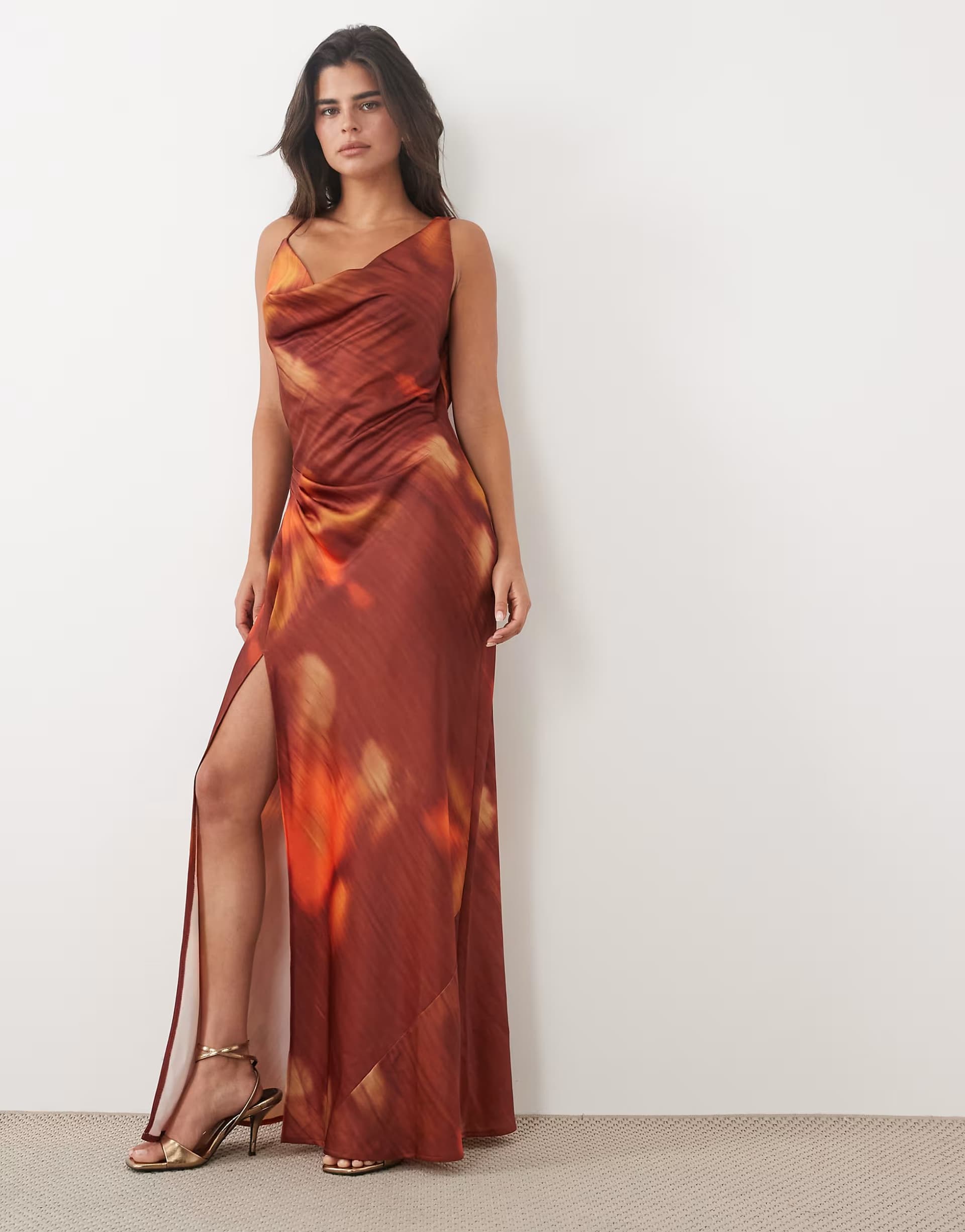 ASOS ASOS DESIGN cowl neck maxi with pleat detail in rust abstract print