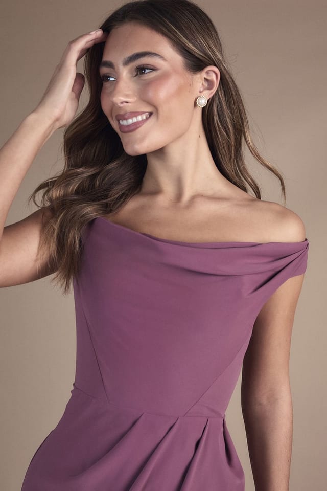 Coast Coast Women's Crepe Bardot Ruched Maxi Bridesmaid Dress in Dark Mauve - 2
