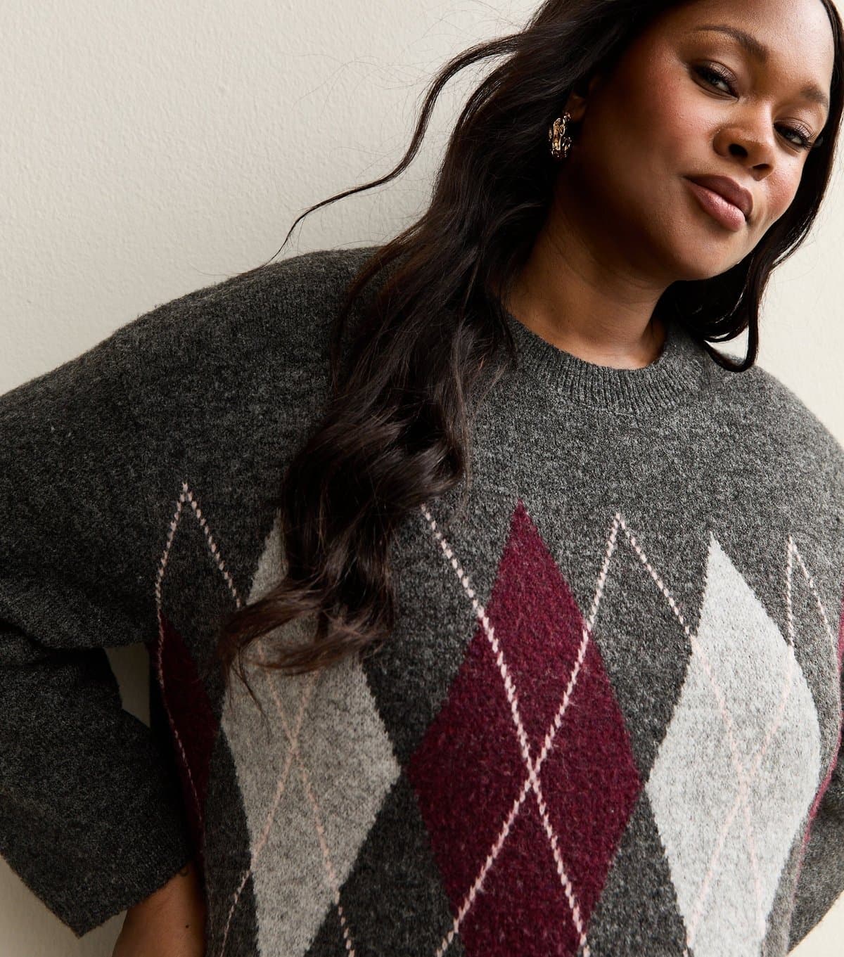 New Look New Look Light Grey Argyle Knit Oversized Jumper