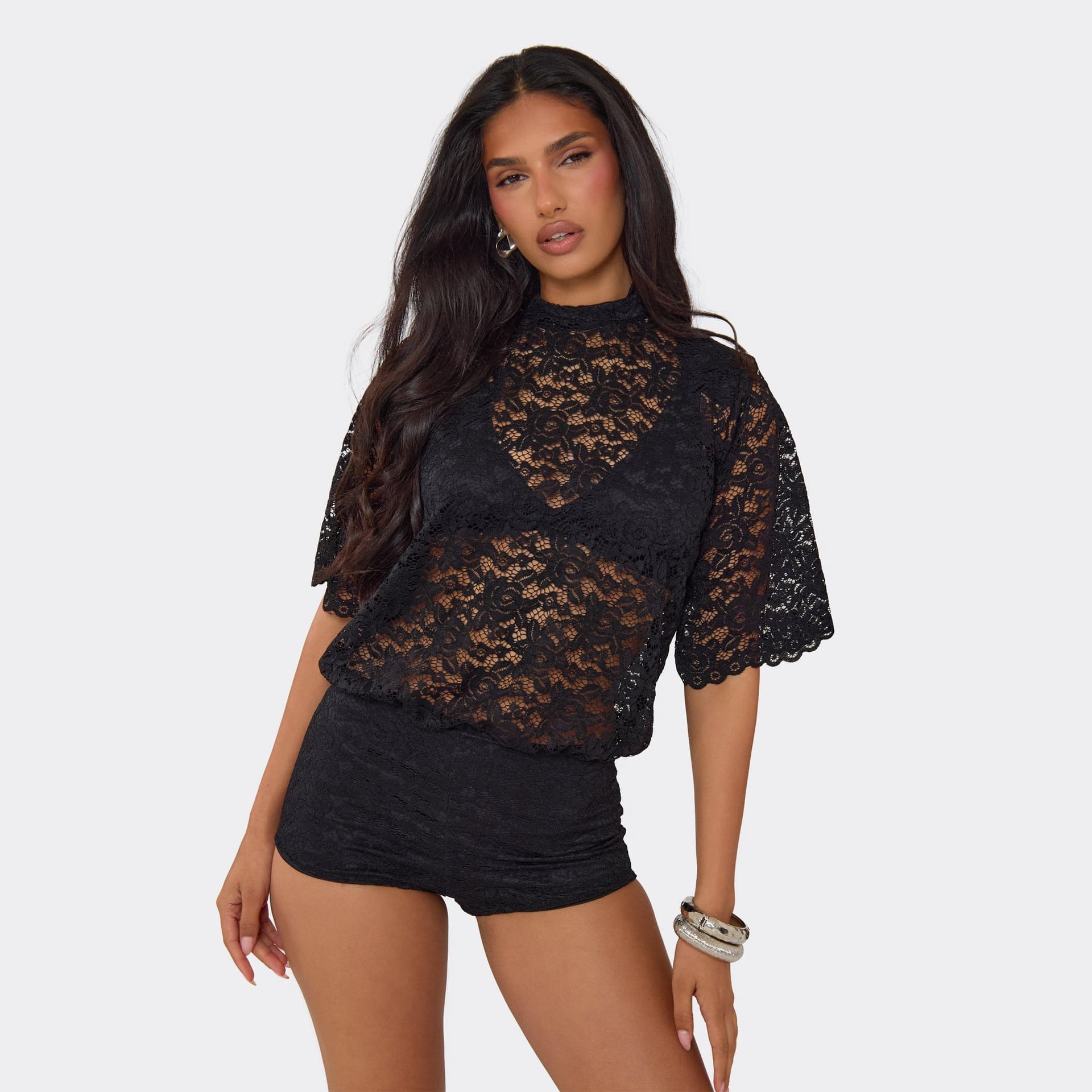 EGO High Neck Short Sleeve Sheer Lace Micro Playsuit In Black, Women's Size UK 4