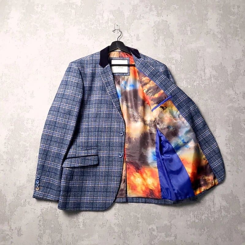 Cavani House Of Cavani Tweed Blazer Jacket Mens 42R Regular Blue Check Velvet Collar