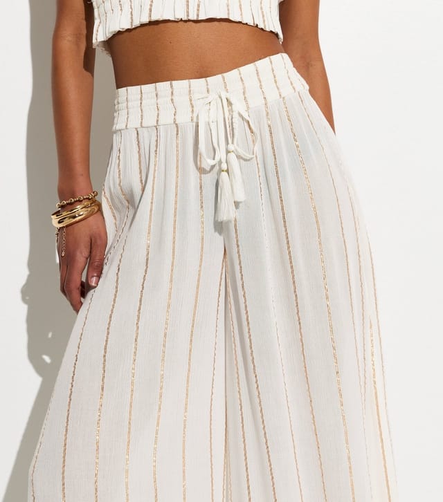 New Look Women's White Striped Pattern Shirred Wide Leg Trousers New Look - 3
