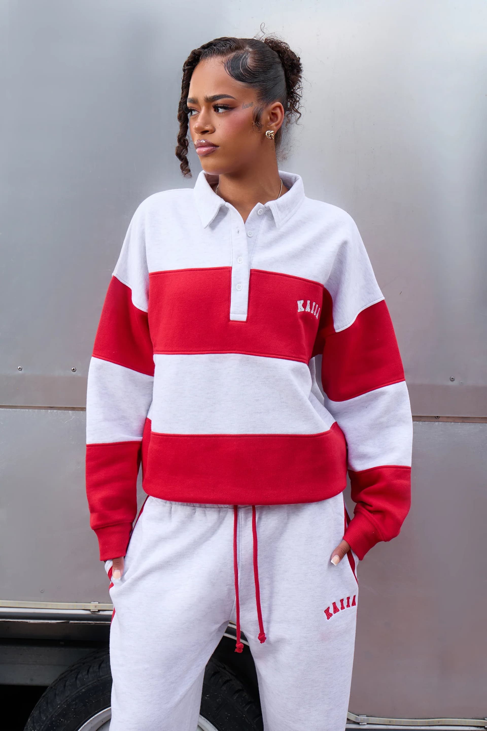 Kaiia Kaiia Striped Oversized Rugby Sweatshirt Light Grey Marl & Sport Red
