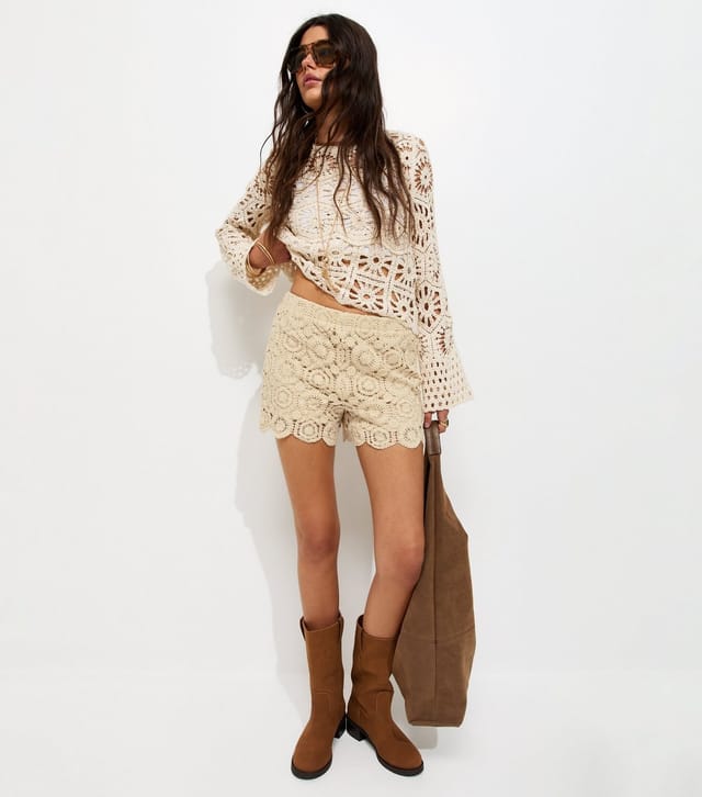 New Look Women's Stone Crochet Knit Shorts New Look - 3
