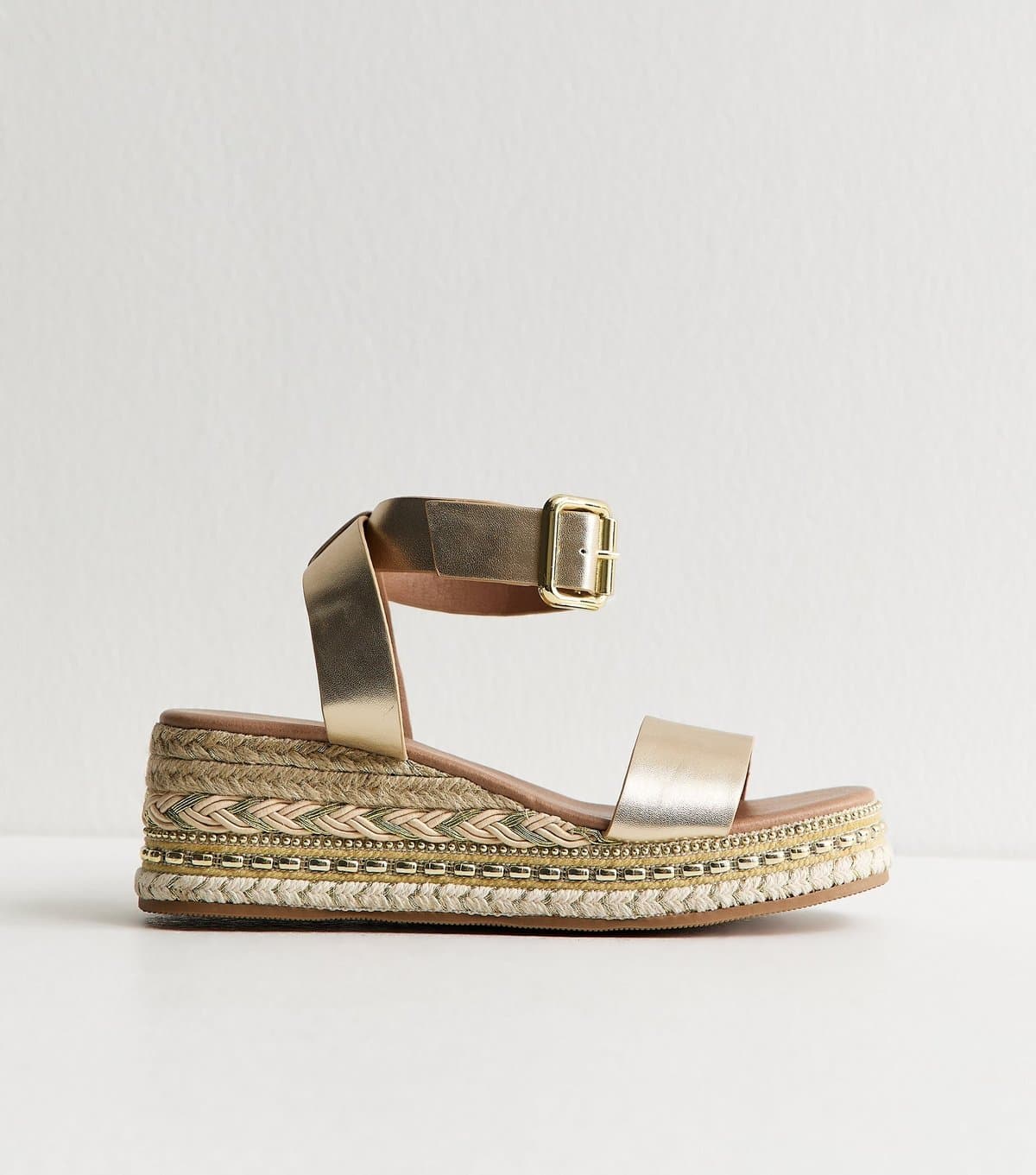 New Look Women's Gold Faux Leather Embroidered Wedge Sandals Vegan New Look