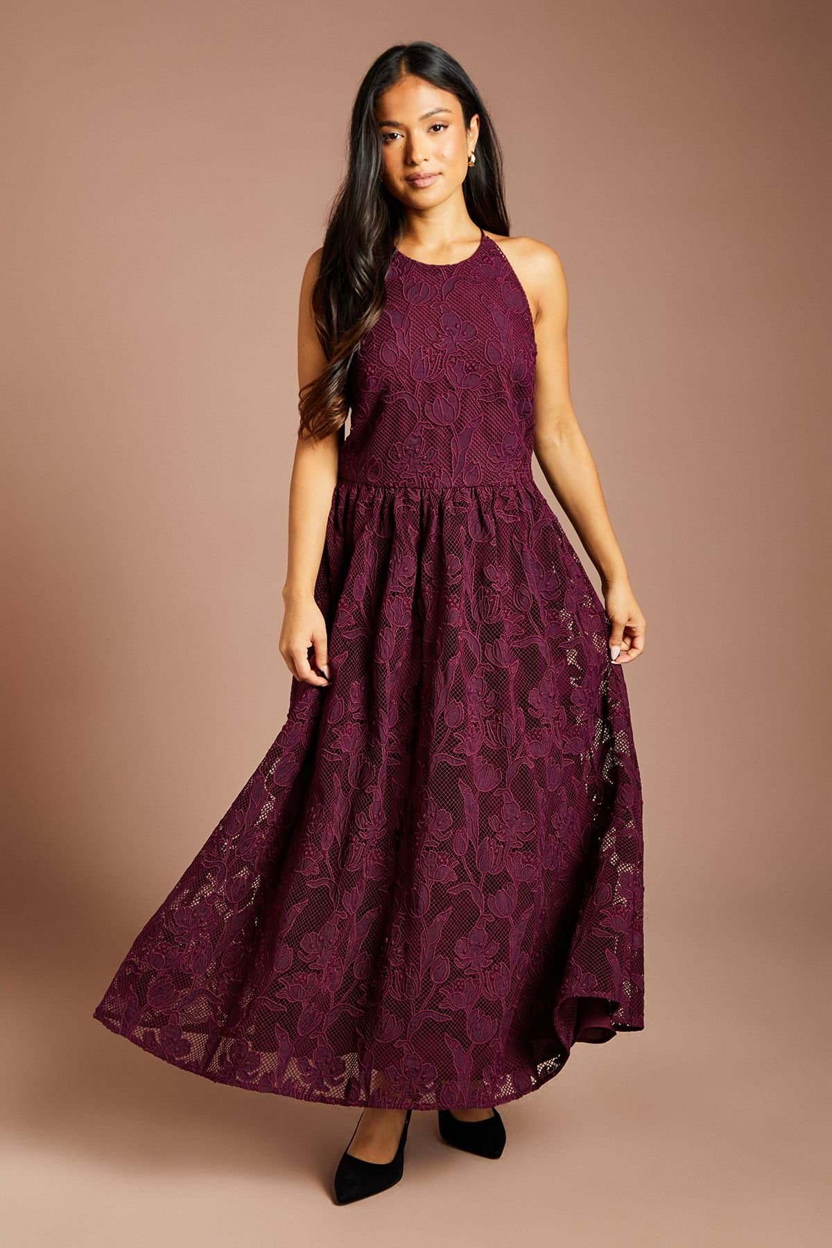 Coast Coast Women's Petite Halterneck Lace Midi Dress in Fig