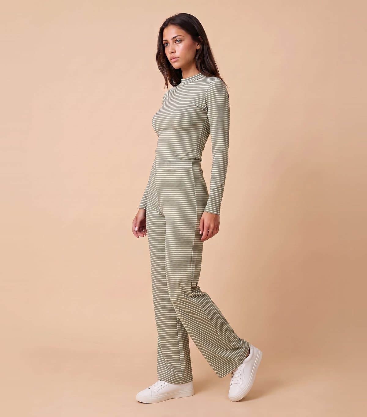 Urban Bliss Women's Light Khaki Ribbed Wide Leg Striped Trousers Urban Bliss New Look
