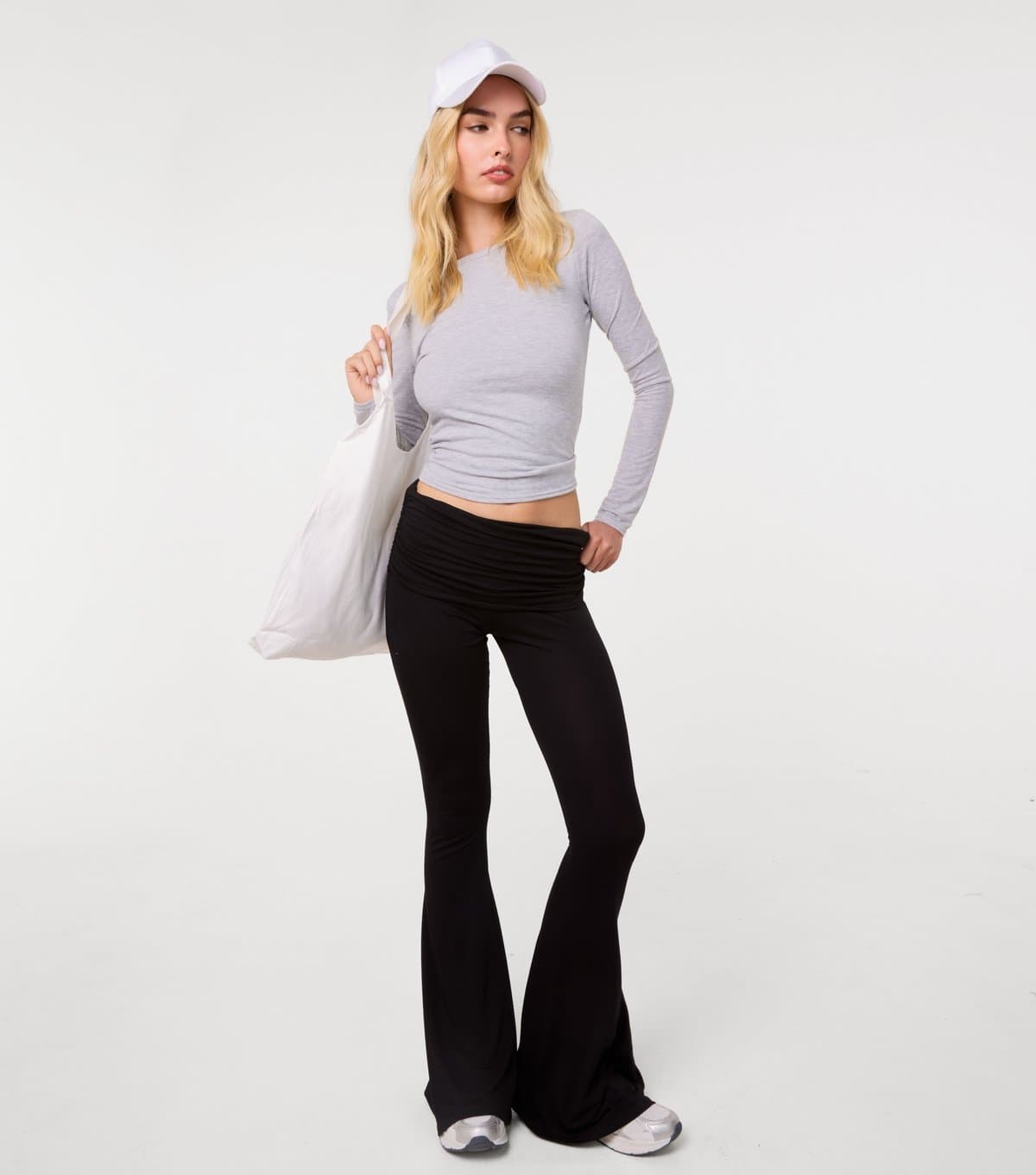 Pink Vanilla Women's Black Jersey Fold Over Flared Trousers Pink Vanilla New Look