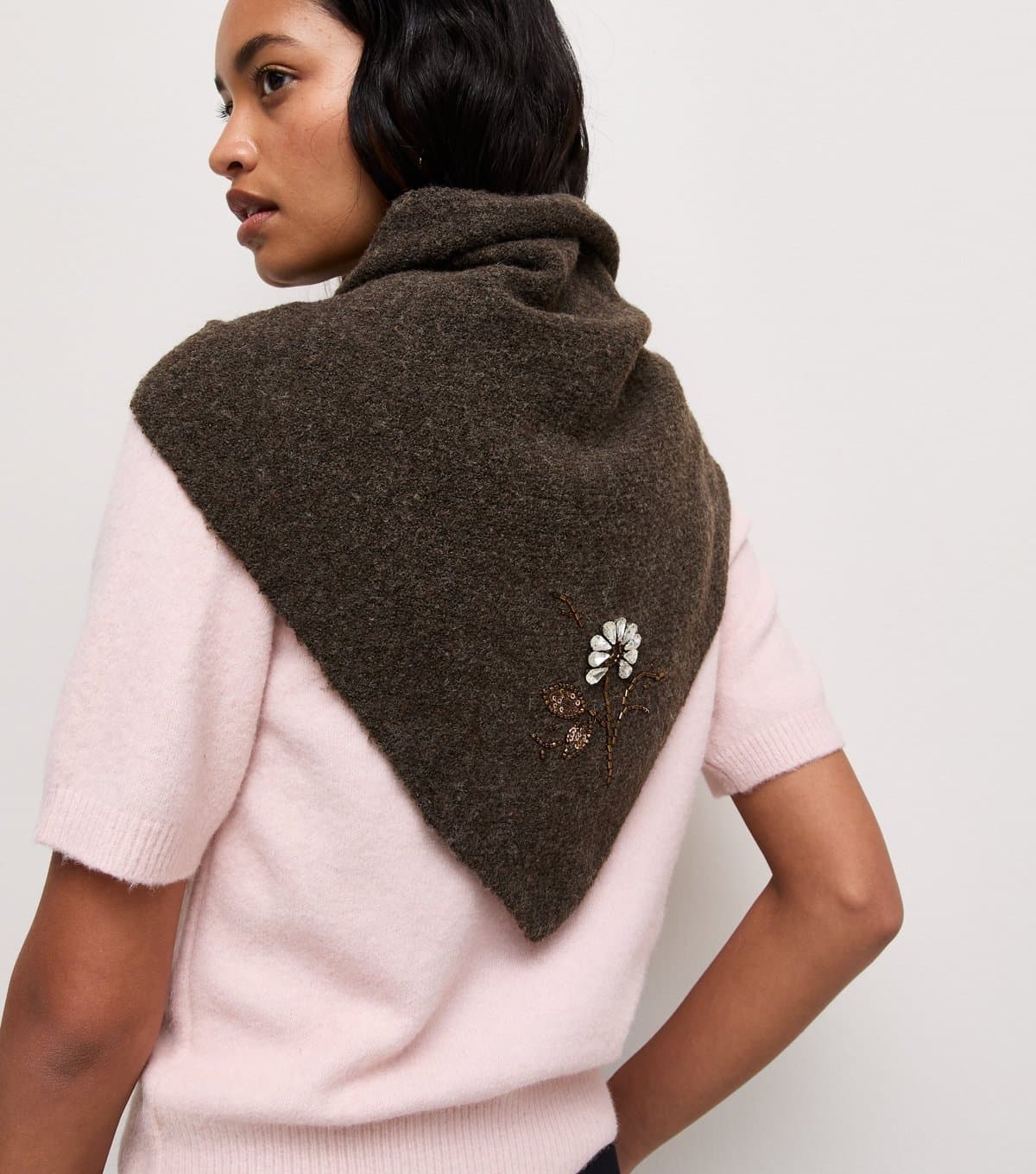 New Look Dark Brown Floral Embellished Mini Triangle Shawl Scarf New Look
