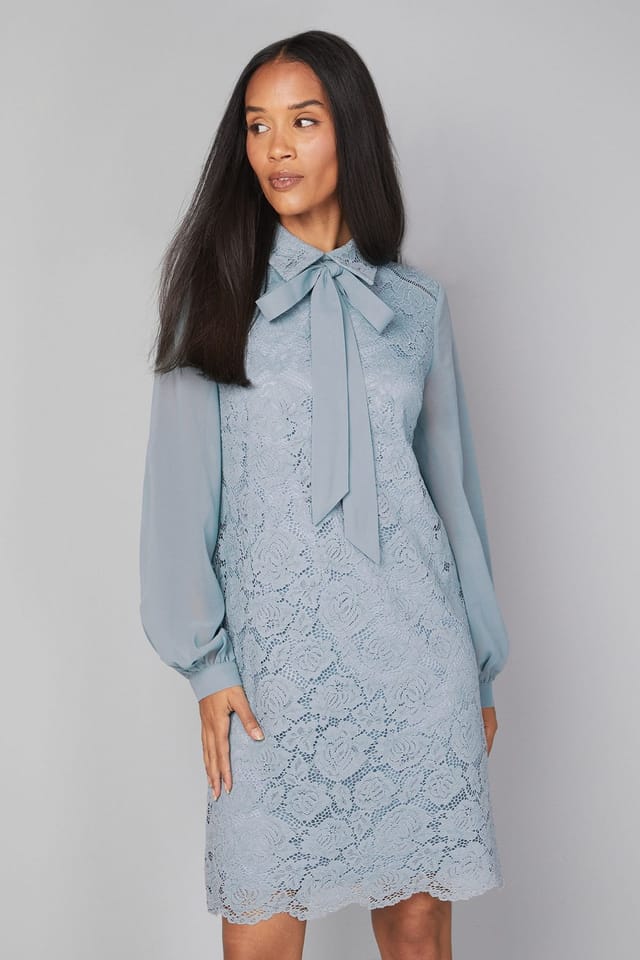 Wallis Wallis Women's Lace Tie Neck Shift Dress in Turquoise - 2