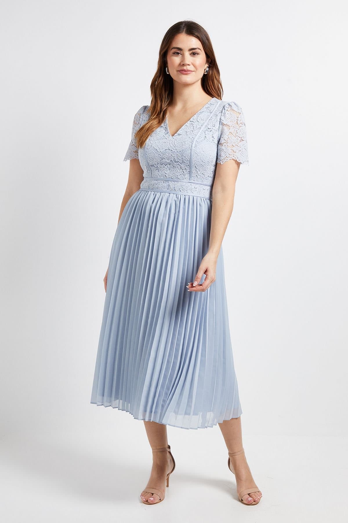 Wallis Wallis Women's Lace Pleated Midi Dress in Blue