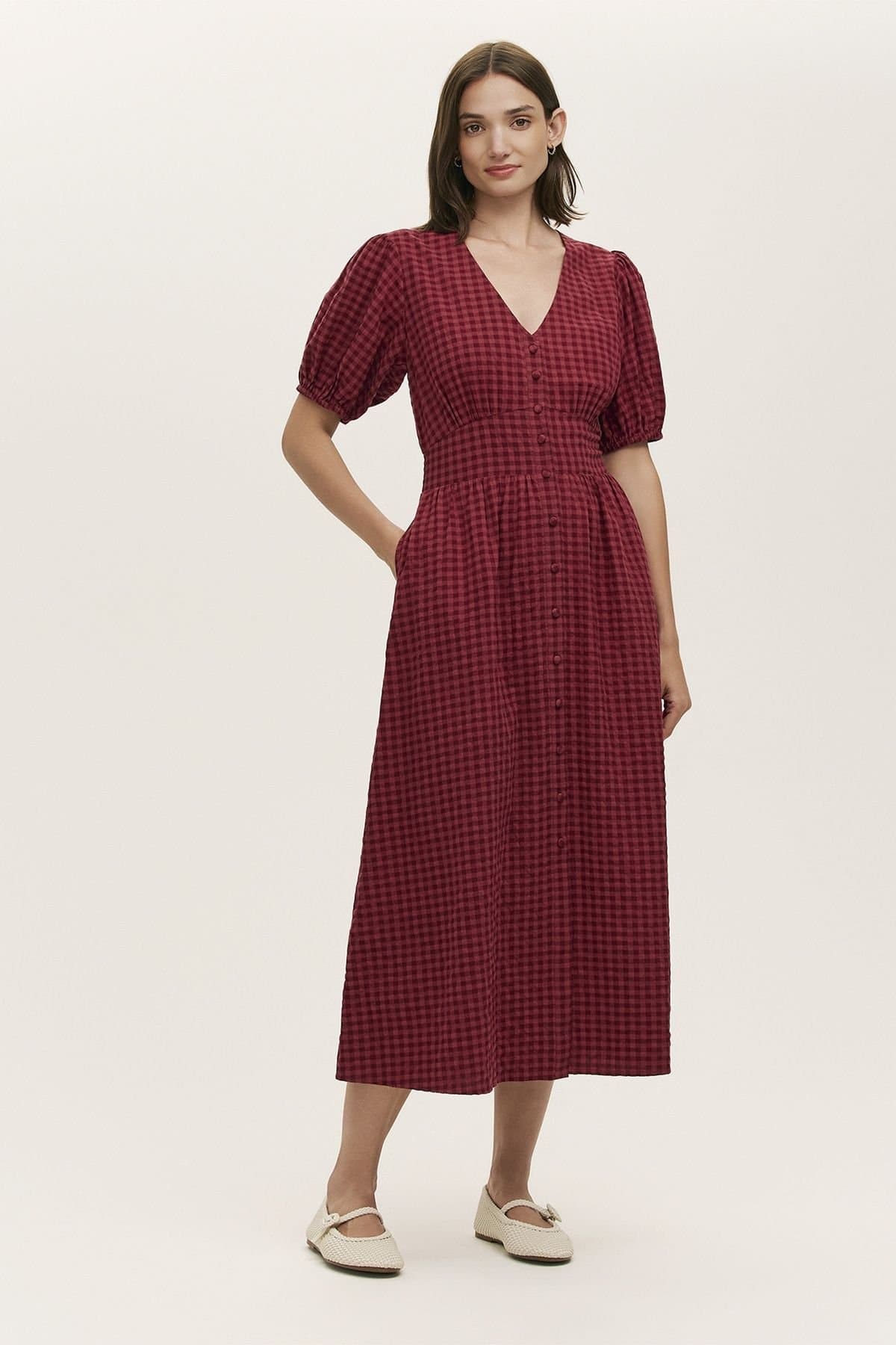 Finery London Finery London Women's Petite Addison Seersucker Midi Dress in Aubergine