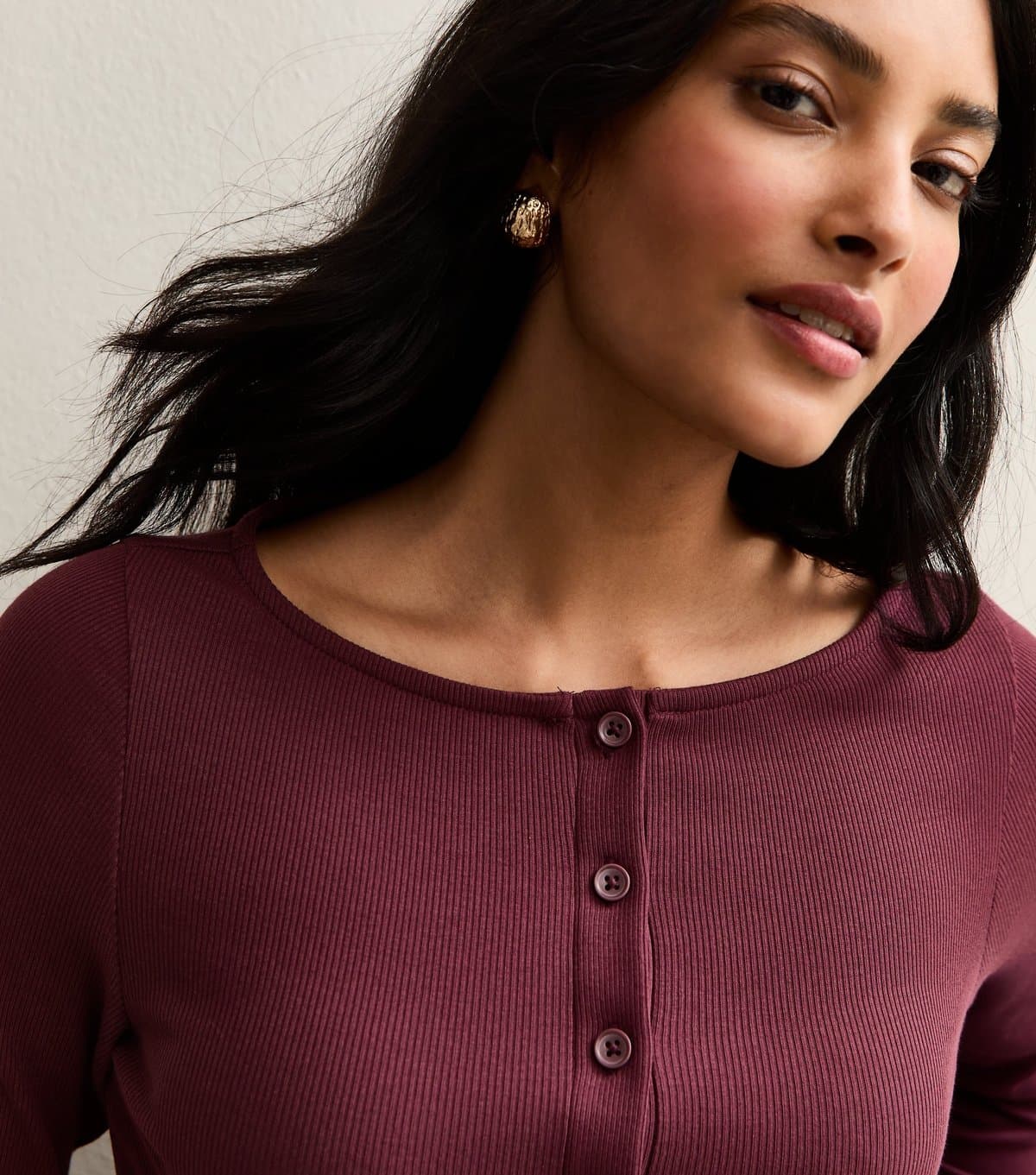 New Look Women's Burgundy Ribbed Button Through Long Sleeve Top New Look