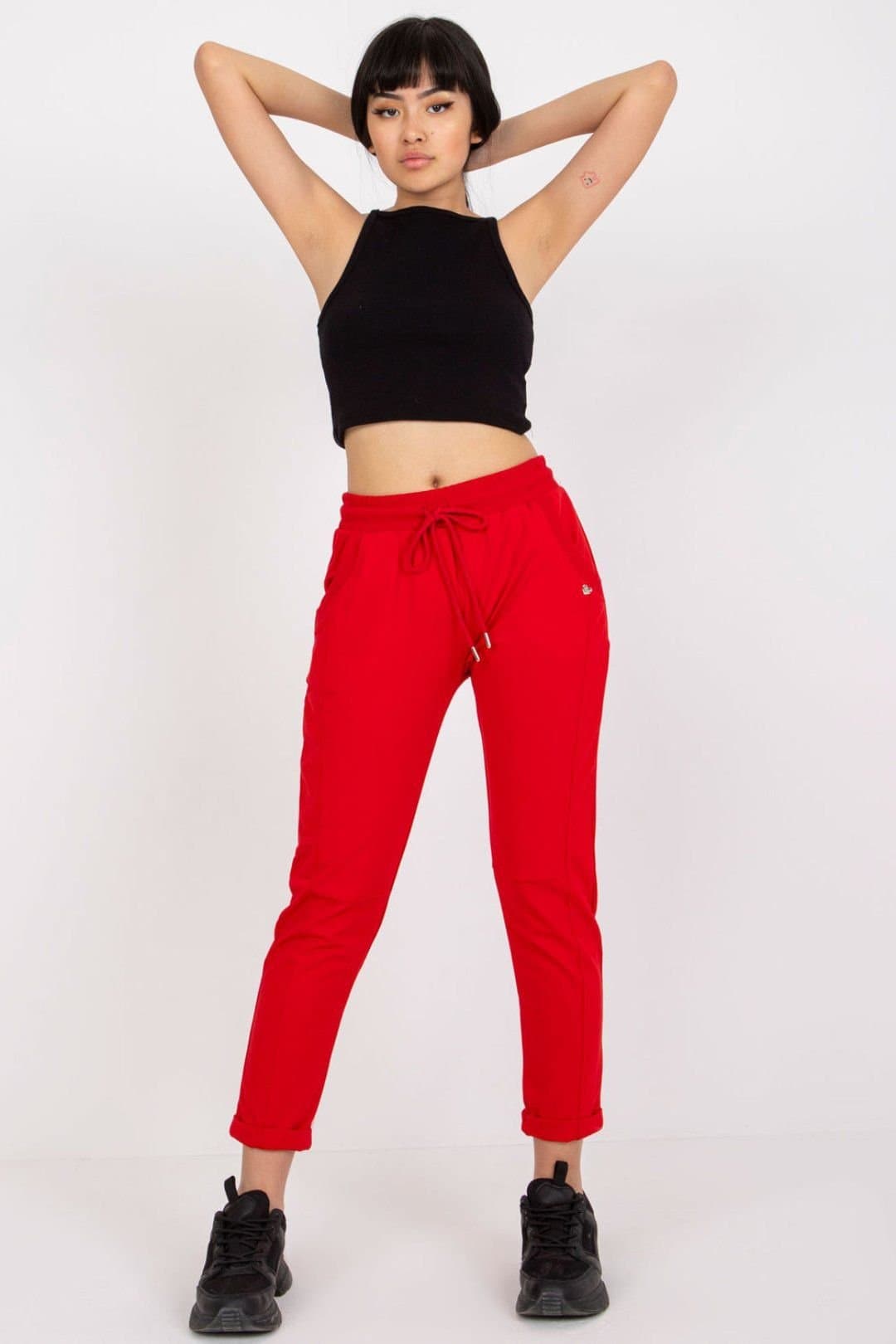 Love Lace Love Lace Women's High Rise Sweatpants with Tied Waist Pockets in Red
