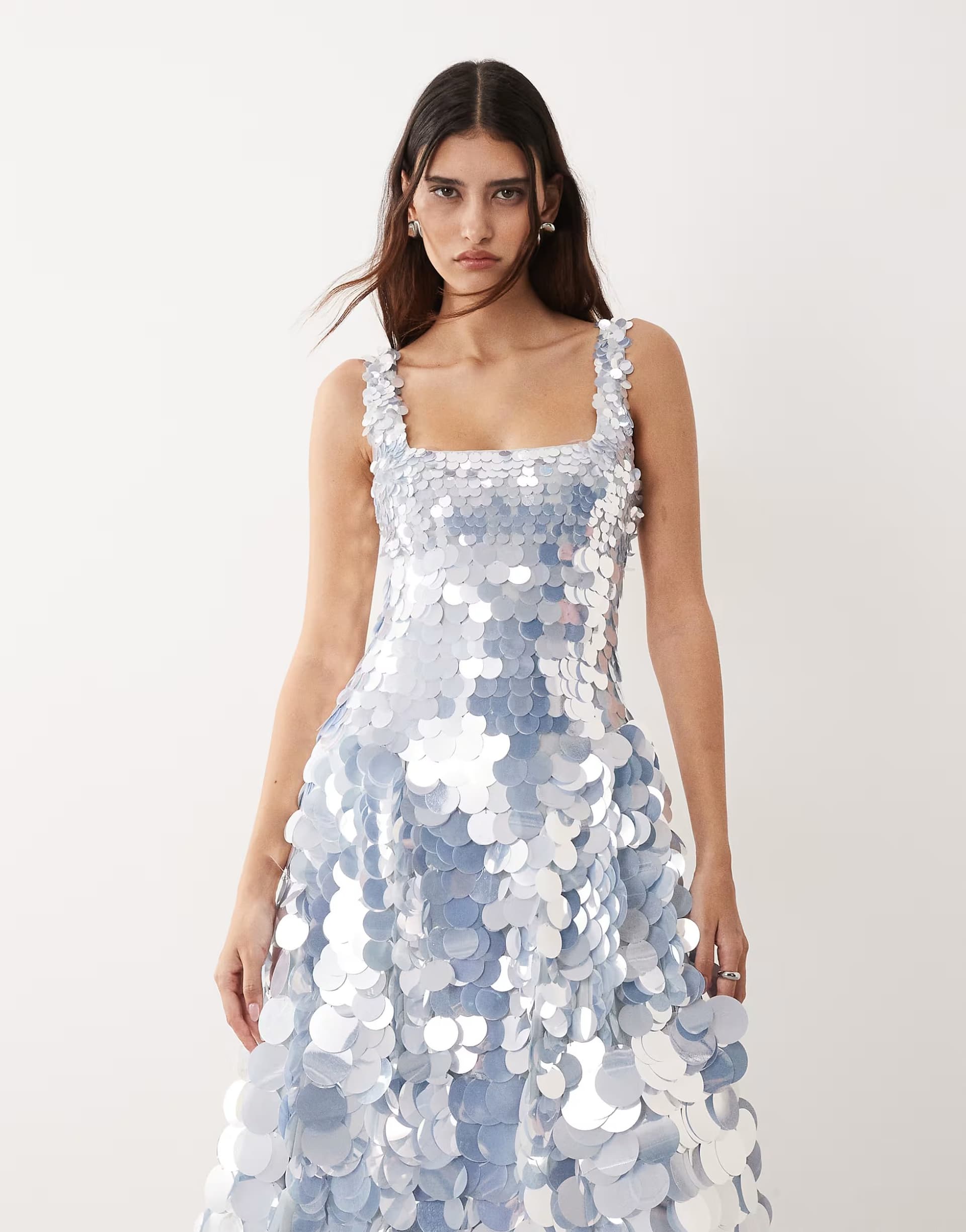ASOS ARRANGE embellished disc sequin square neck full skirt midi dress in ice blue