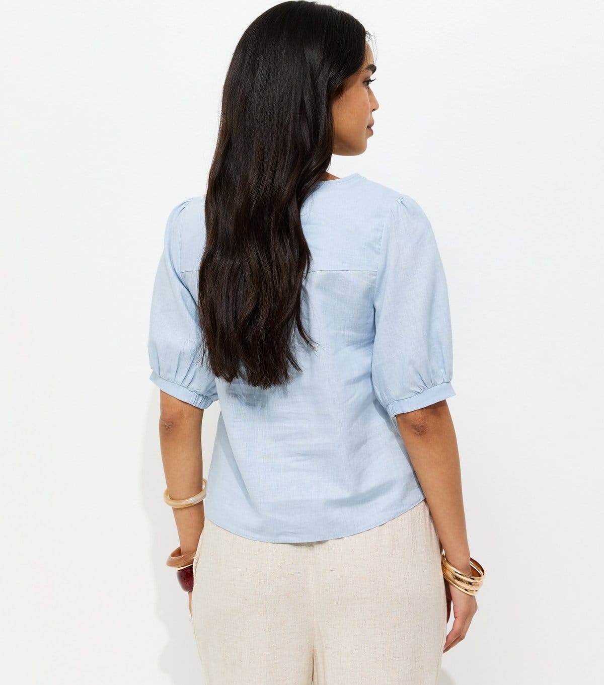 New Look Women's Blue Linen Blend Gold Tone Textured Button Blouse New Look - 4