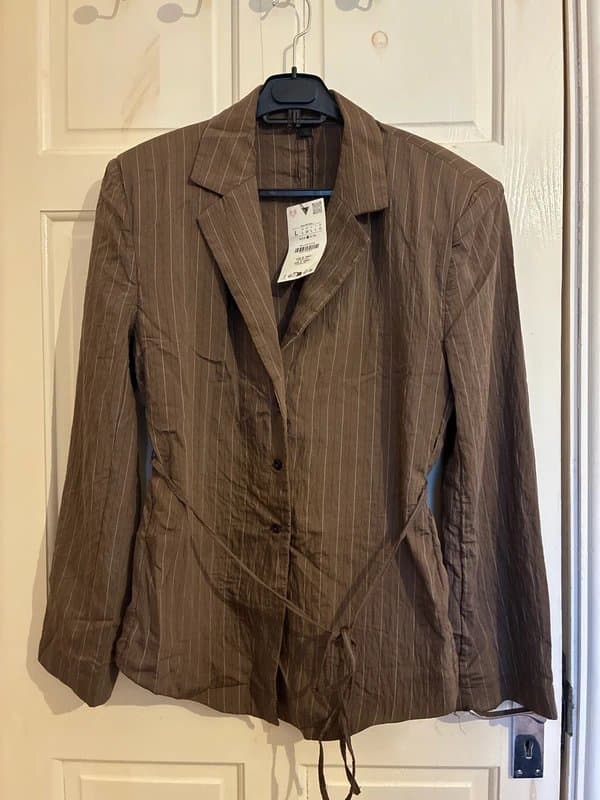 Zara Zara Brown Pinstripe Tie Waist Blazer new