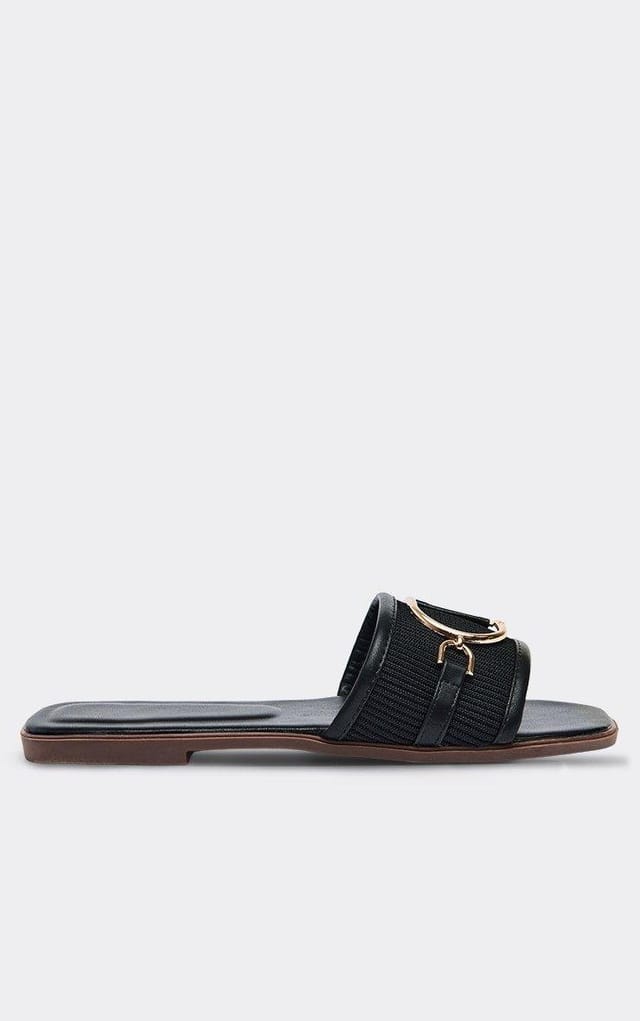 EGO Accent D Ring Woven Detail Flat Slider Sandal In Black Faux Leather, Women's Size UK 3 - 2