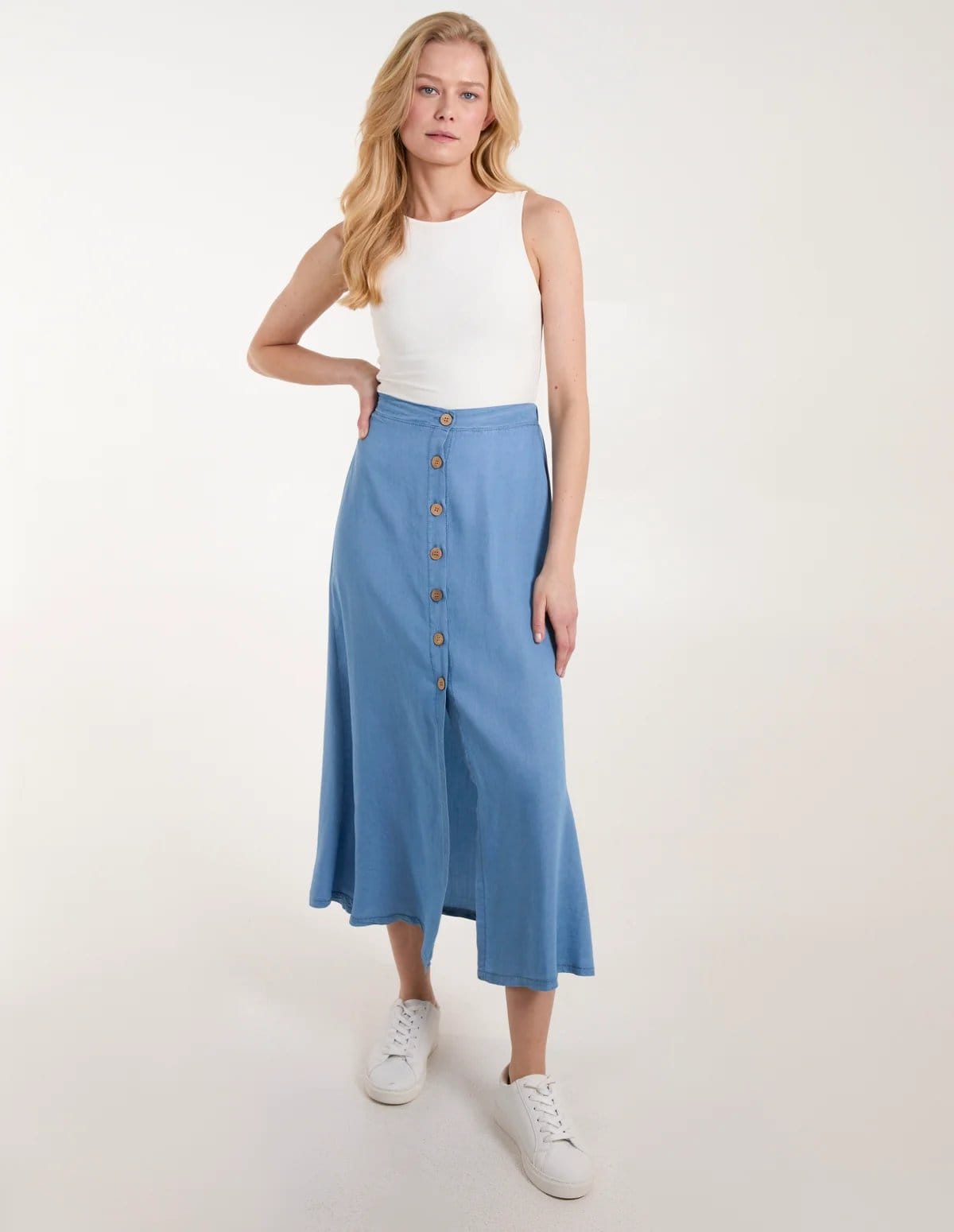 Tencel Button Front Midi Skirt