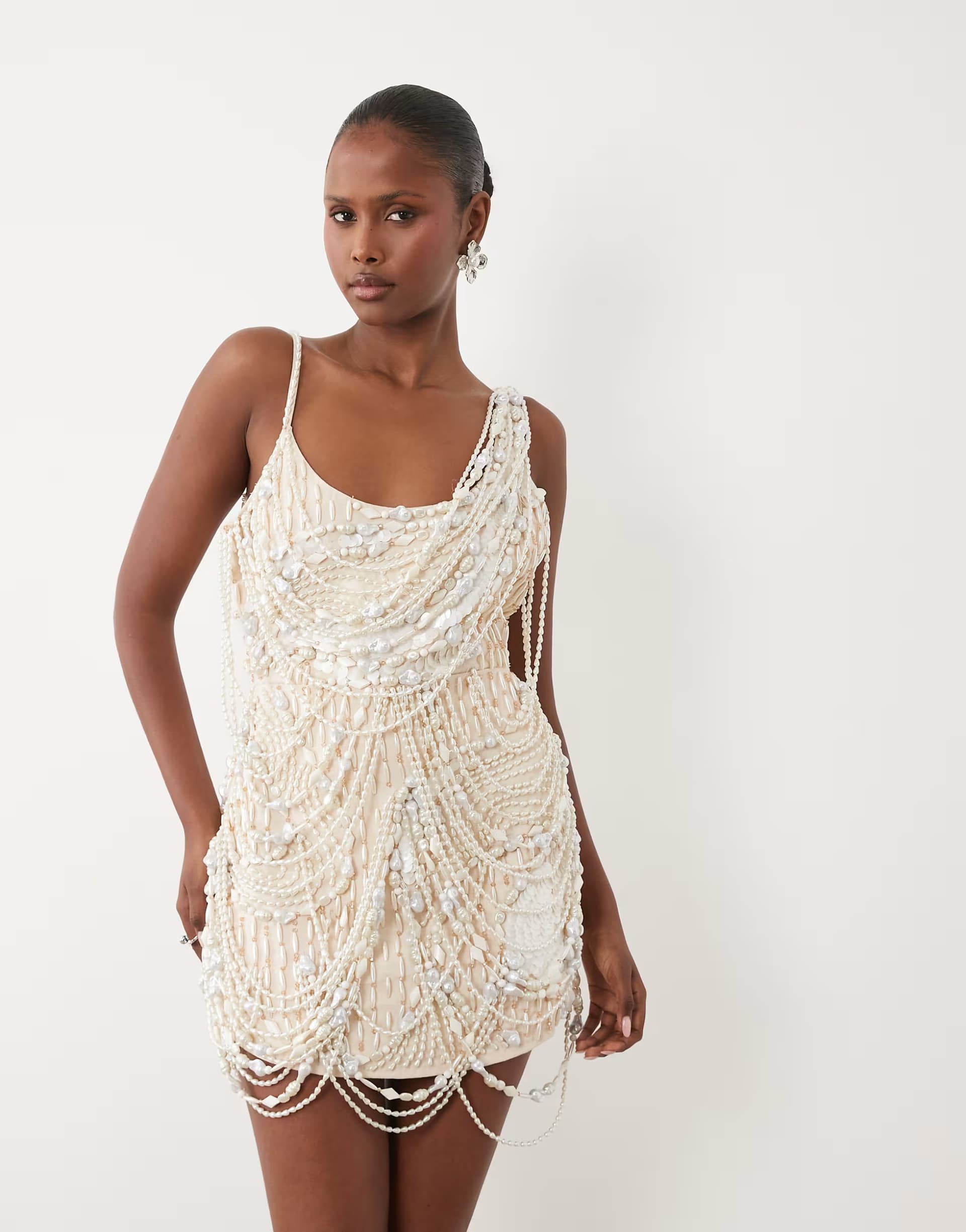 ASOS ASOS DESIGN premium draped pearl mini dress in ivory