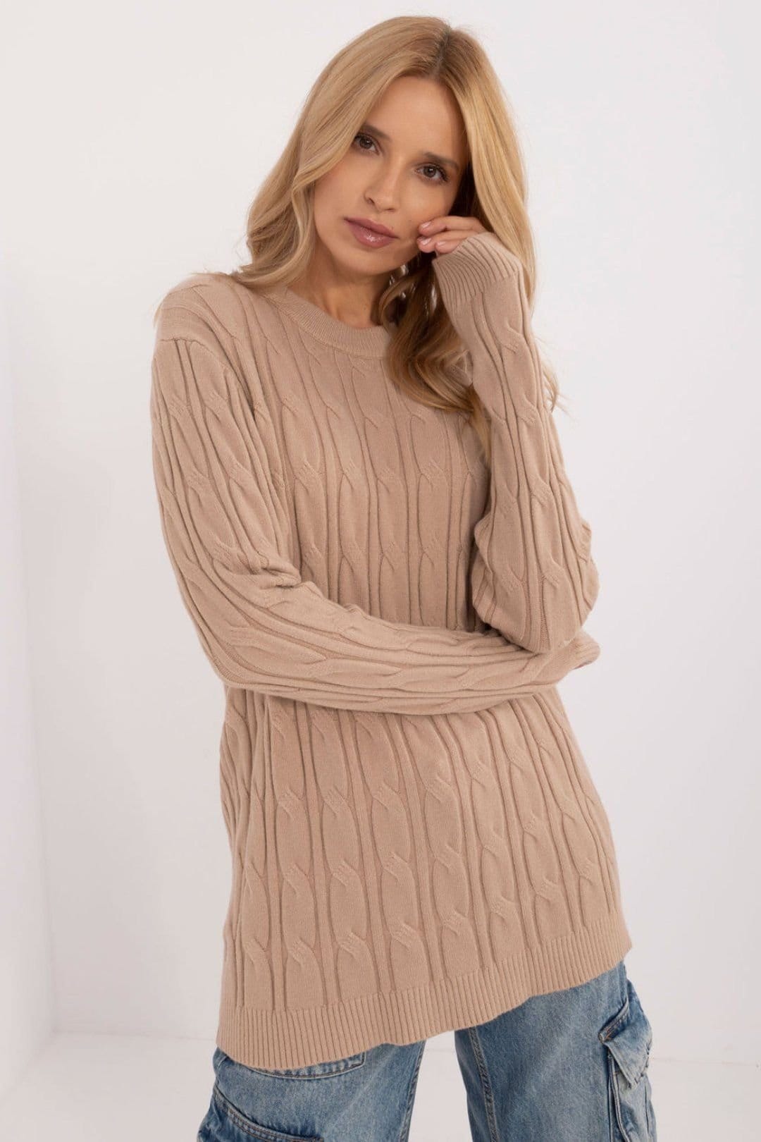 Love Lace Beige Textured Long Sleeve Round Neck Sweater